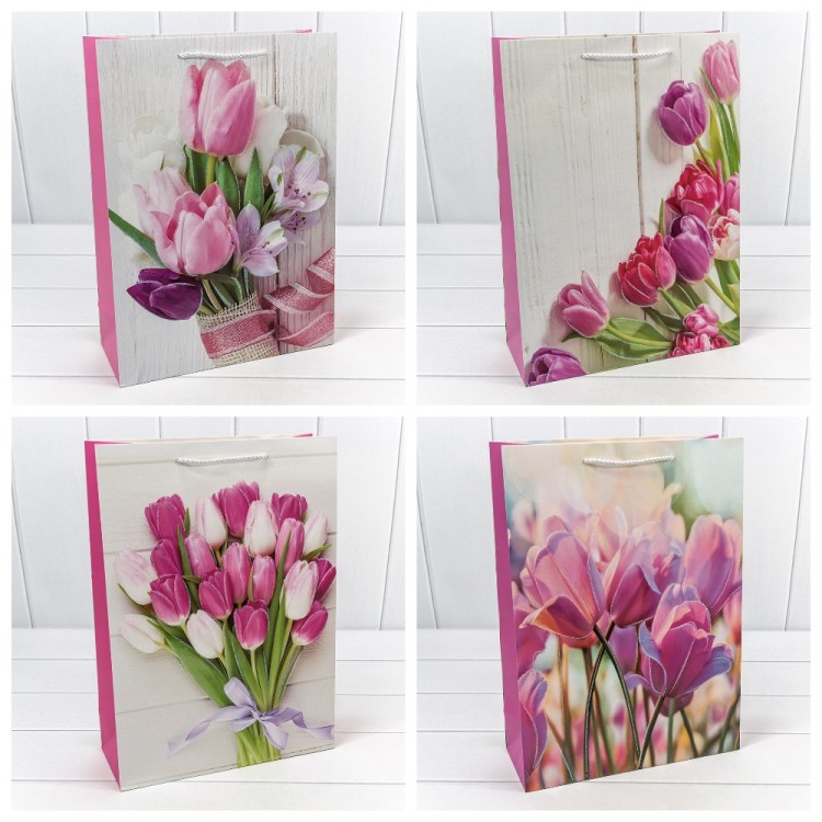 000312A Пакет подарочный с блёстками "Тюльпаны" (микс 312) 30*41,5*12 210г 1/20 1/80